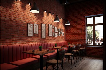 Red brick wall in new industrial style restaurant. Generative AI