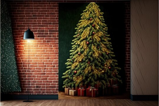 New year christmas tree cozy concept brick wall vertical banner. Generative AI