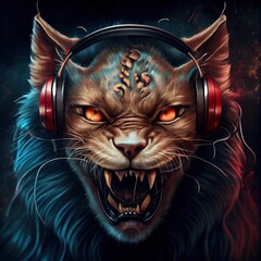 Cat with headphones. Creative ai generated flat illustration in tattoo style. Generative art	