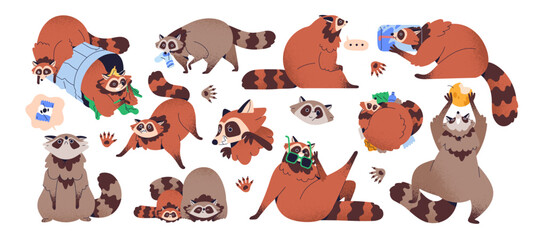 Cute baby raccoons set. Funny racoon characters in fun poses with trash can, garbage, food. Happy wild animal with furry fluffy tail. Childish flat vector illustrations isolated on white background © Paper Trident