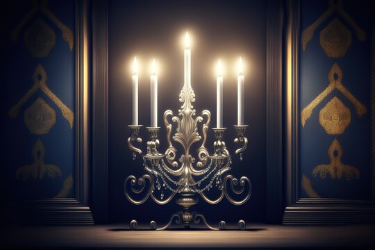 Religion image of jewish holiday Hanukkah background with menorah (traditional candelabra) and spinning top stock photo. Generative AI