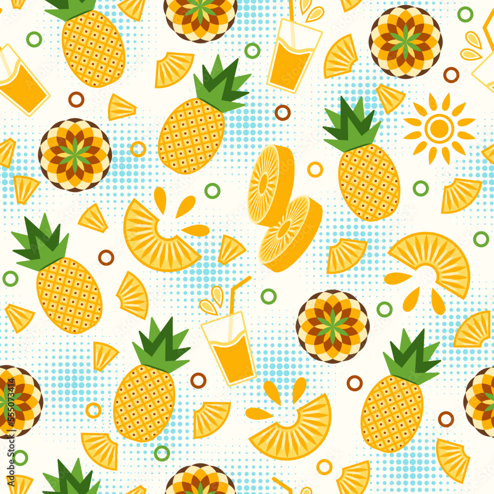Poster pineapple seamless pattern with design elements in simple geometric style. good for branding, decora