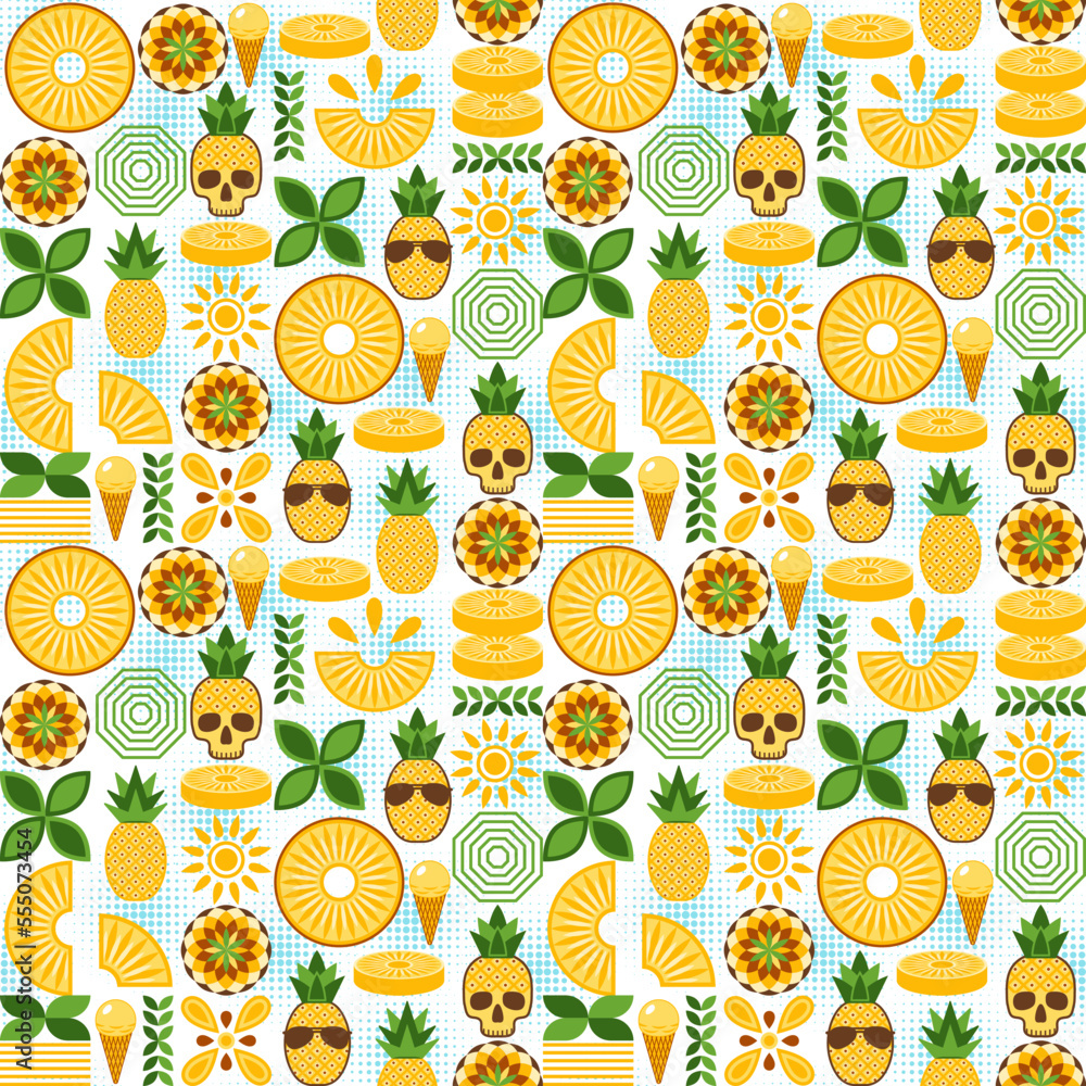 Poster pineapple seamless pattern with design elements in simple geometric style. good for branding, decora