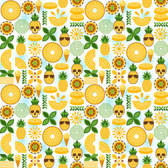 Pineapple seamless pattern with design elements in simple geometric style. Good for branding, decoration of food packaging, cover design, decorative print, background. Vector illustration