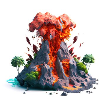 Eruption of volcano, beautiful cartoon isometric diorama of natural disaster isolated on white background. Generative art