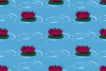 Seamless pattern with lotus flowers on a green leaf on a lake with streaks on the water. Wallpaper or bed linen print. Website banner concept with chinese flower. Thai flower festive. Bualuang. - obrazy, fototapety, plakaty