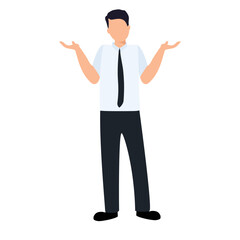 European man shrug. Man in business costume say I don't know. Vector illustration. Oops! 