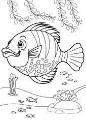 coloring book for kid, animals cartoon, underwater coloring book, ocean animals for coloring, cartoon coloring, Outline vector illustration for children. Cute cartoon characters, Striped Orange Fish
