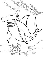 Obraz premium coloring book for kid, animals cartoon, undersea, underwater coloring book, ocean animals for coloring, cartoon coloring, outline vector illustration for children. Cute cartoon characters, Hammerhead