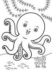 coloring book for kid, animals cartoon, undersea, underwater coloring book, ocean animals for coloring, cartoon coloring, and Outline vector illustration for children. Cute cartoon characters, Octopus
