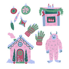 Set of Christmas elements. Ornaments, fireplace, gloves, cottage, yeti flat hand drawn illustrations isolated on white background.