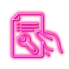 Spanner tool line icon. Repair service document sign. Neon light effect outline icon.