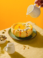 Tasty appetizing pumpkin creamy soup decorated with cream and seeds