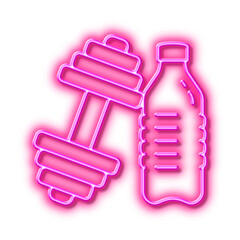 Dumbbell with water bottle line icon. Workout equipment sign. Neon light effect outline icon.