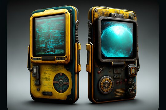 Sci-fi handheld portable computer device post-apocalyptic tablet screen dystopian gadget