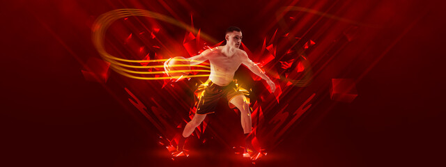 Bright poster with professional basketball player dribbling basketball ball over red background...
