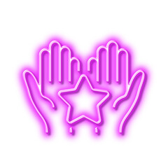 Ranking line icon. Holding star sign. Best rank. Neon light effect outline icon.