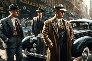 Generative Ai, Generative, Ai, Mobsters in early deys, on the streets,  Mafia people in suits, with vintage cars, retro vintage look scene image, 1930, 1940, 1950, Not a real person