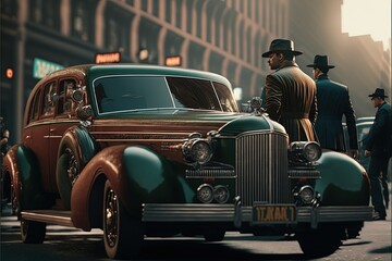 Generative Ai, Generative, Ai, Mobsters in early deys, on the streets,  Mafia people in suits, with vintage cars, retro vintage look scene image, 1930, 1940, 1950