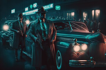 Generative Ai, Generative, Ai, Mobsters on the streets,  Mafia people in suits, with vintage cars, retro vintage look scene image, 1930, 1940, 1950 , Not a real person - obrazy, fototapety, plakaty