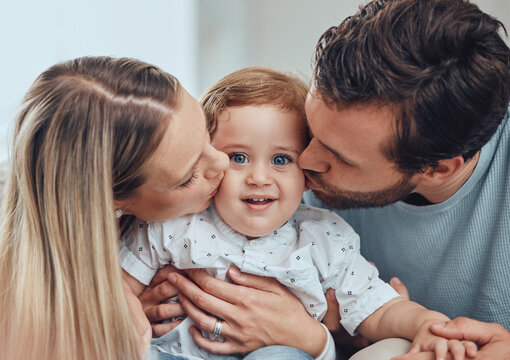 Parents, home and baby face kiss portrait of a mother, dad and child at a house with love. Parent care, relax and happy family together with mom, father and kid calm with a smile in a house bonding