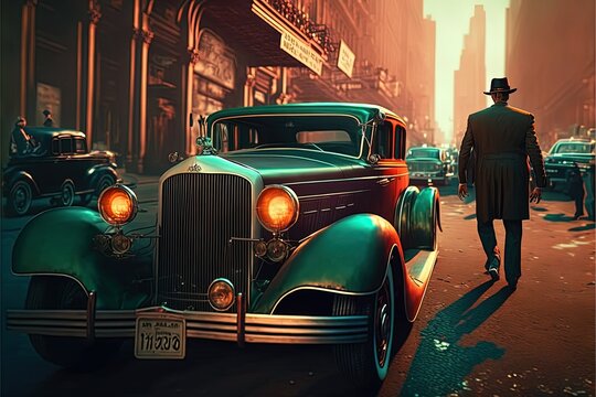 Generative Ai, Generative, Ai, Mobsters in early deys, on the streets,  Mafia people in suits, with vintage cars, retro vintage look scene image, 1930, 1940, 1950
