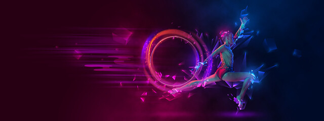 Beauty. Flexible young little girl, female rhythmic gymnast dancing over blue-magenta background with abstract geometric neoned elements. Sport, fashion, art