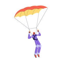 Parachutist flying. Skydiver parachuting, skydiving, floating in height. Happy excited sky jumper flies. Extreme sport, leisure activity. Flat vector illustration isolated on white background