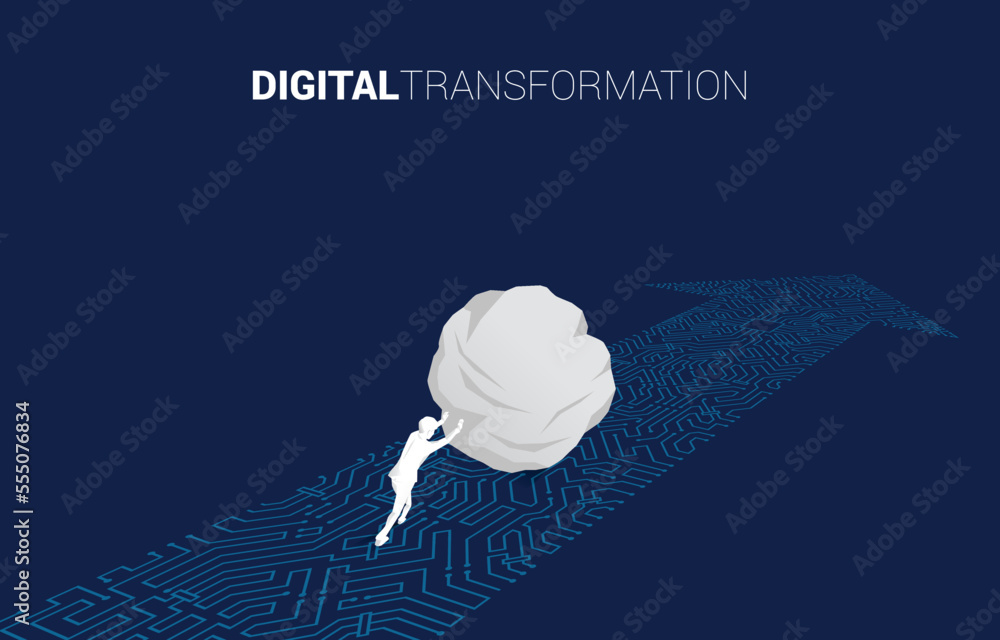 Poster silhouette of businessman pushing the big rock on the arrow dot connect circuit board style. concept