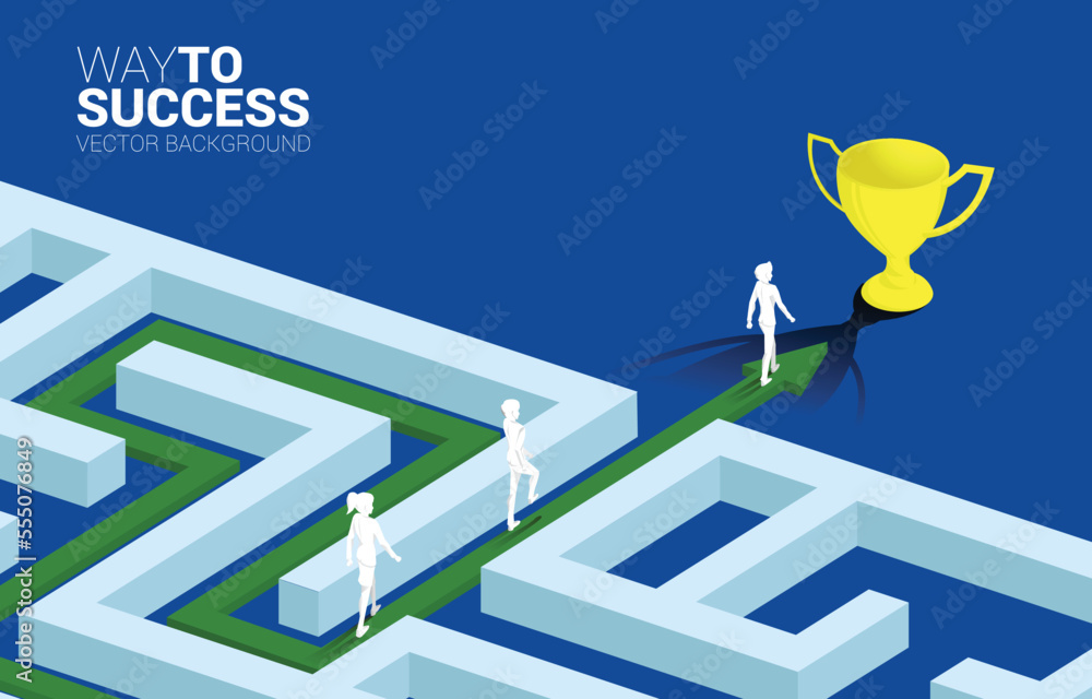 Poster Silhouette of Businessman and businesswoman walk on Arrow with route path to exit the maze to golden trophy. Business concept for problem solving and solution strategy