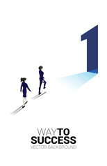 Silhouette of businessman and businesswoman walking to exit door number one. Concept of career start up and champion business solution.