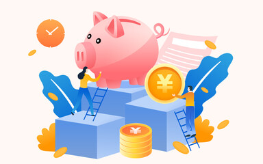 Character carrying gold coins into the piggy bank, insurance policy and gold coins in the background, vector illustration