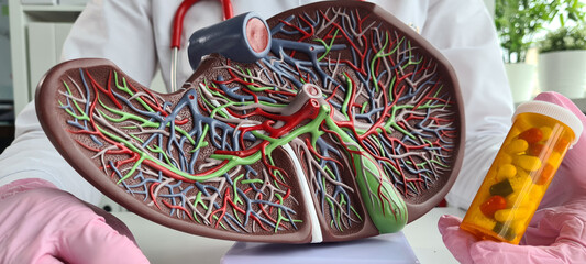 Doctor is holding liver and pills. Concept of liver treatment. World hepatitis day