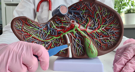 Doctor holds in his hands artificial plastic model of liver and scalpel closeup