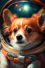 Little cute portrait dog astronaut or cosmonaut exploring the universe