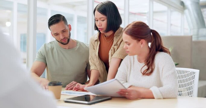 Business people, paper or tablet in teamwork meeting, kpi data analysis or target audience feedback. Man, women or creative designer diversity with documents, digital technology in research analytics