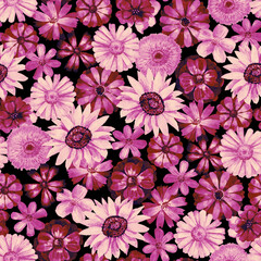 Floral seamless background. Pattern with beautiful watercolor flowers. Botanical hand drawn illustration. Texture for print, fabric, textile, packing.