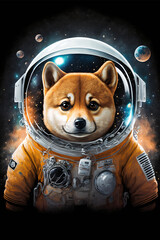 Little cute portrait dog astronaut or cosmonaut exploring the universe