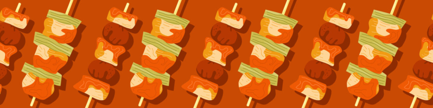 Korean Street Food Banner. Horizontal Seamless Pattern From Chicken Skewers Ddakkochi Snack On Stick. Cute Colorful Asian Take Away Fast Food Dishes Border.