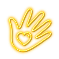 Social responsibility line icon. Hand with heart sign. Charity. Neon light effect outline icon.