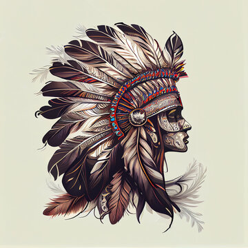 Indigenous America, Indian crown of feathers, Indian, chief, art illustration