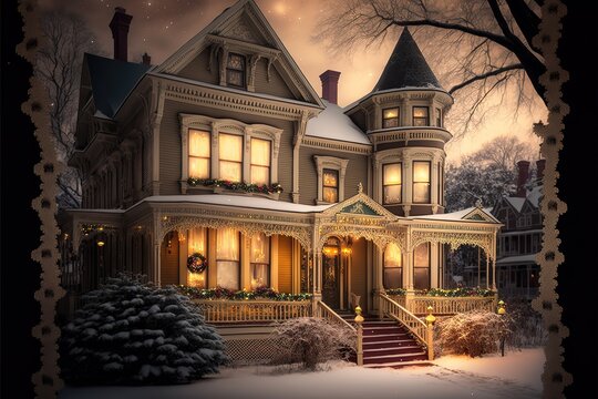 This row of traditional, Victorian style, wood-siding homes are beautifully and tastefully decorated for the Holiday Season. Please view my portfolio for other Christmas Lights images. Generative AI
