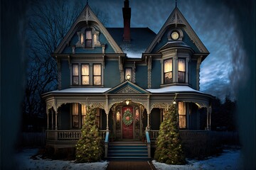 This traditional, Victorian-style, wood-siding home is beautifully and tastefully decorated for the Holiday Season. Please view my portfolio for other Christmas Lights images. Generative AI