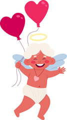 Cute cupid flat icon Funny angel with balloons