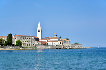 View of the old town of Porec, Istria, Croatia. Tower of Euphrasian Basilica in Porec