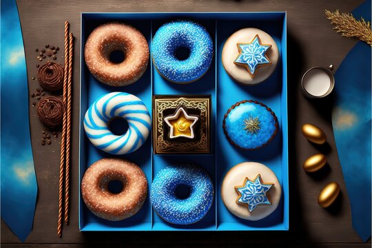 Top view image for jewish holiday Hanukkah with traditional donuts, menorah and gift box stock photo. Generative AI