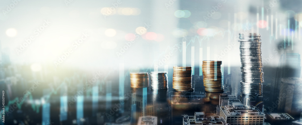 Poster money, finance and accounting with coins in a stack on a cgi or digital overlay background for inves