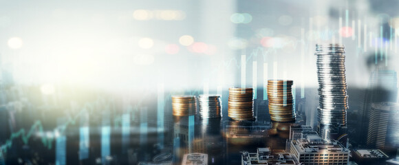 Money, finance and accounting with coins in a stack on a CGI or digital overlay background for...