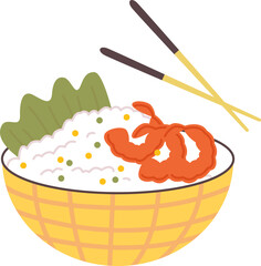 Asian food flat icon Tasty rice with shrimps Chopsticks