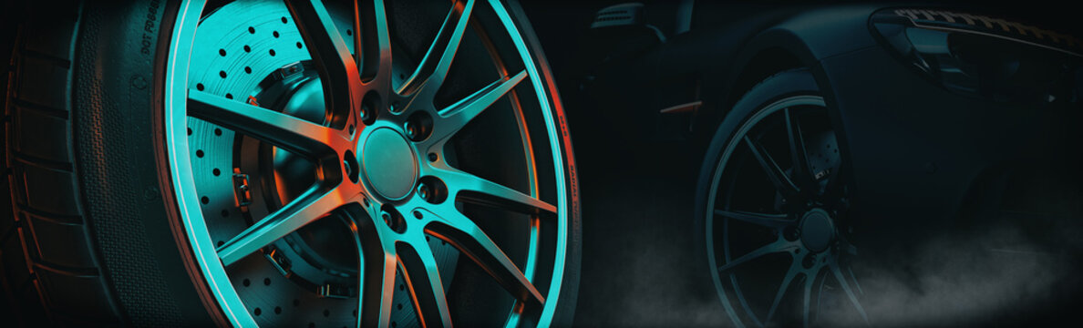 Close Up Car Alloy Wheel. Side Black Car Background